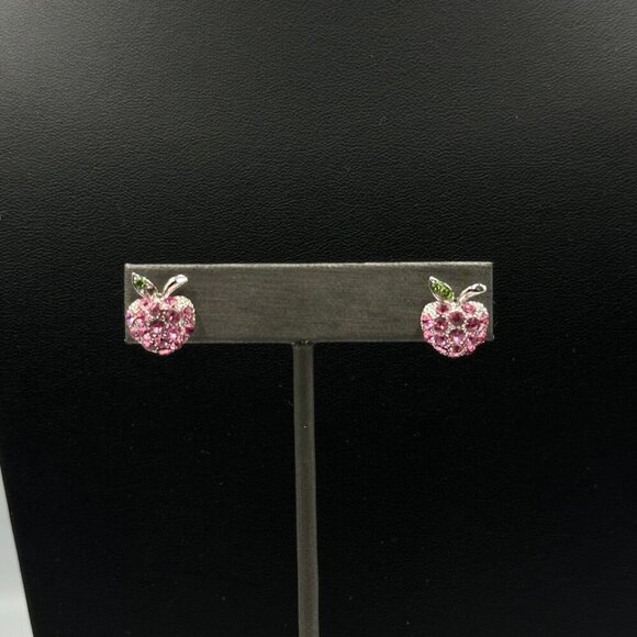 3/$30 Apple Stud Earrings Silver Pierced Pink Rhinestones Small Dainty Fruit - Picture 4 of 10